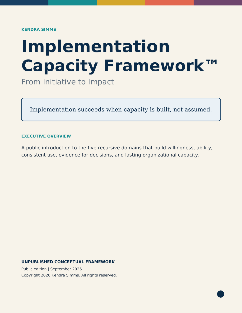 Cover of the Implementation Capacity Framework Executive Overview by Kendra Simms